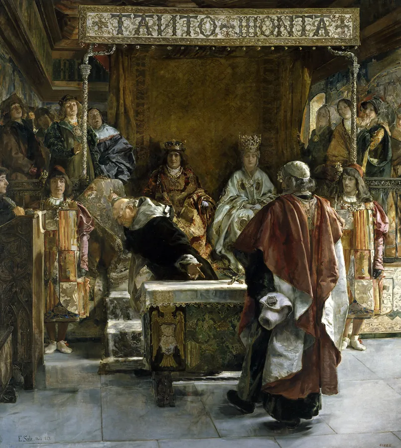 Cuadro de Emilio Sala de 1889 sobre la expulsión de los judíos de España: una multitud de familias con fardos sale por la puerta de una ciudad ante la mirada del clero.