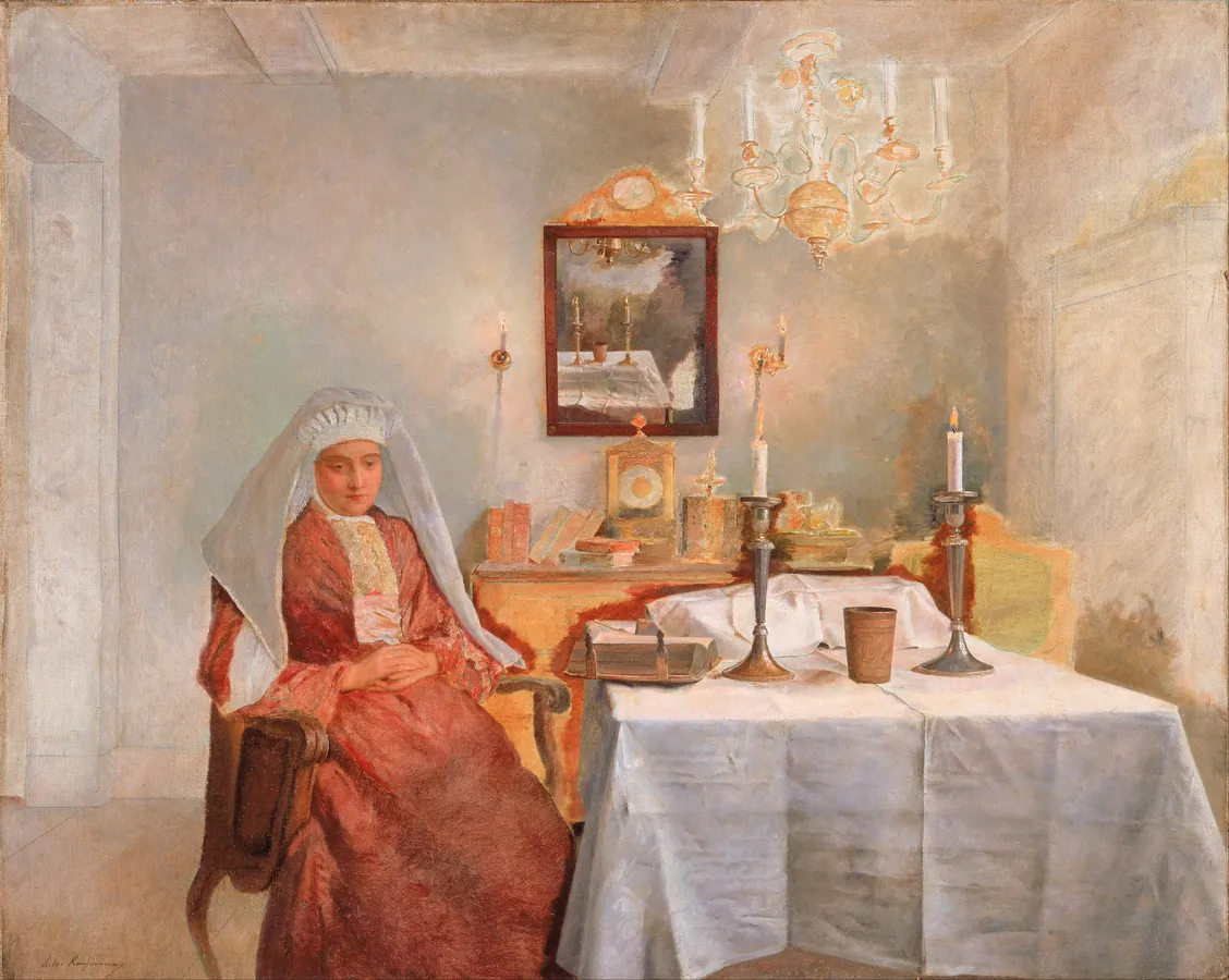 Cuadro de Isidor Kaufmann, Viernes por la tarde: una mesa preparada para el Sabbat con velas encendidas en una habitación silenciosa.